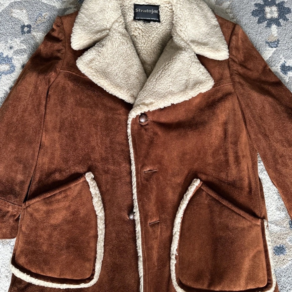 Vintage Stratojac Men's Brown suede leather Shearling Pea Coat 46
